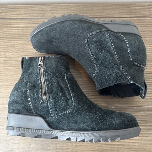 Sorel Joan Of Arctic Wedge Black Nubuck Suede Leather Chelsea Ankle Boot Sz 8.5 - Picture 5 of 8